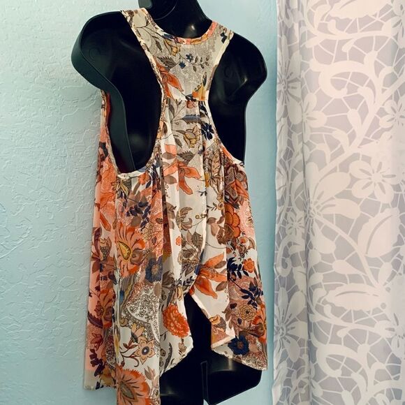 a.gain Tangerine Orange & Cream Floral Open Back Tank Top Size Medium - Picture 10 of 12